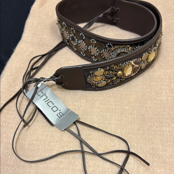 Chico's Accessories - CHICO’S Retro Brown and Gold Embellished Belt, M